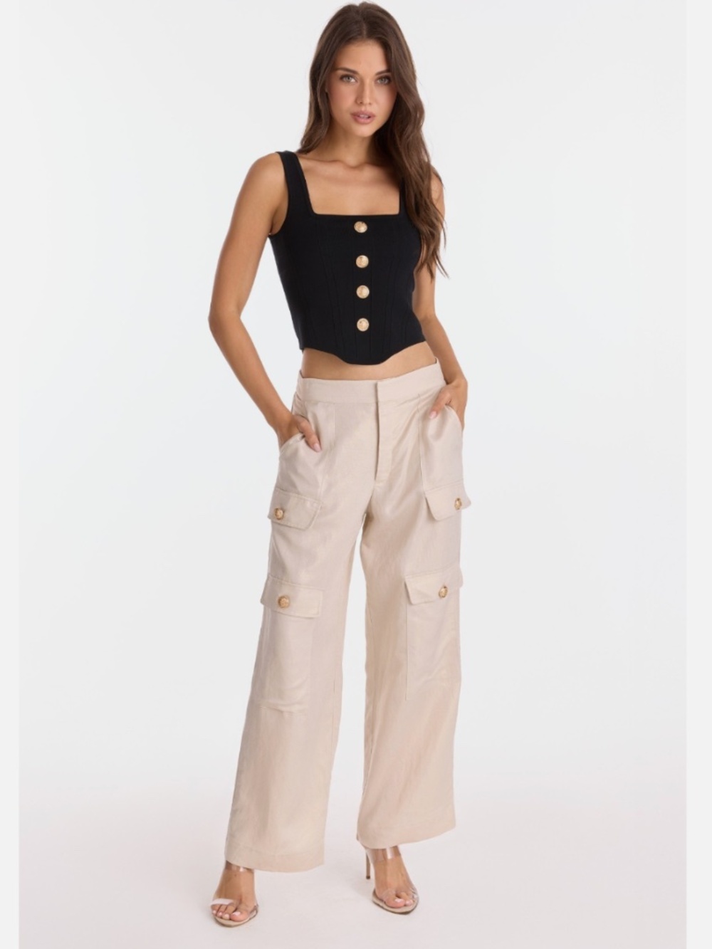 The Noli Shop Gold Dust Linen Milan Cargo Pants Ivory Gold XS